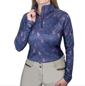 Ovation Equestrian L/S Floral Mosaic Blue & Pink Women's Top UV Protection M Nwt
